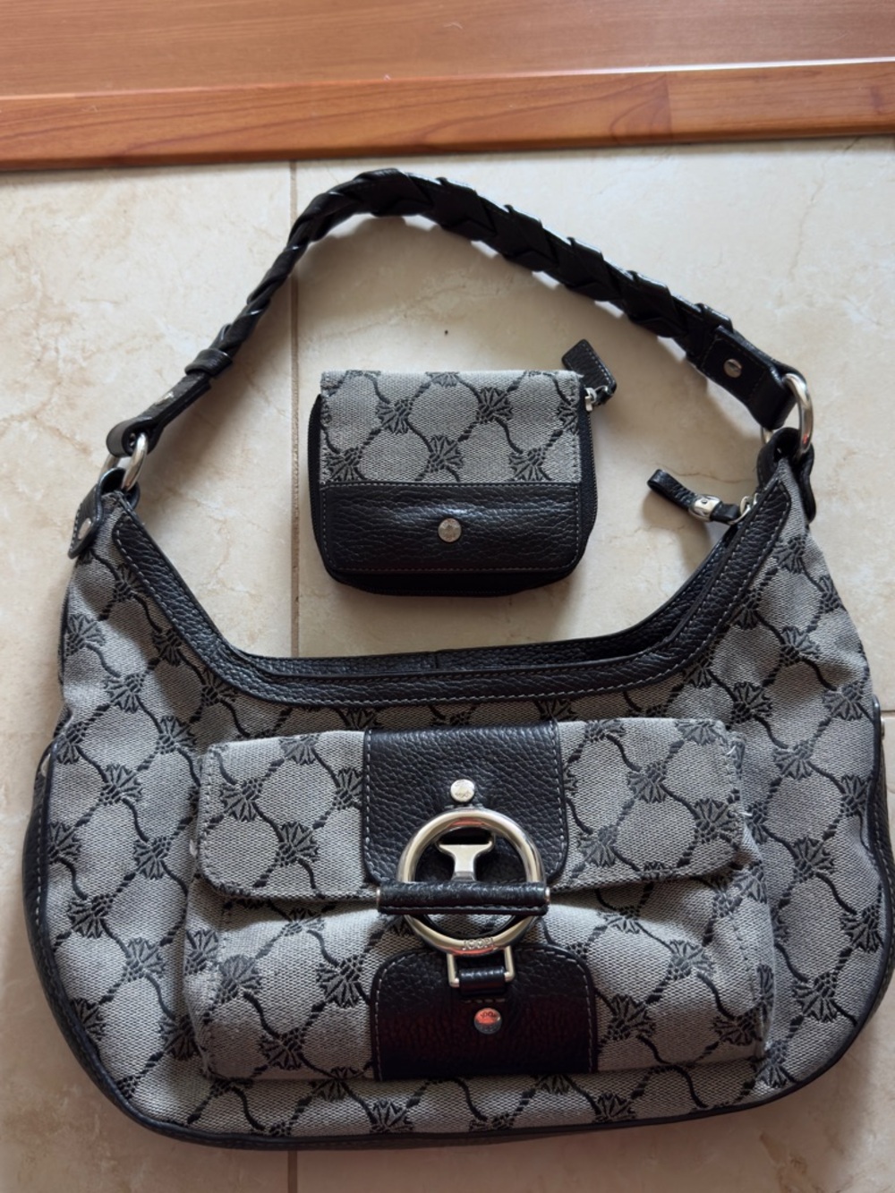 Gray and Black Patterned Shoulder Bag with Coin Wallet Set by